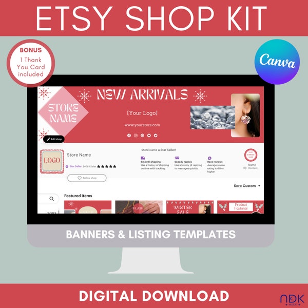 Etsy Shop Branding Kit Templates, Red Etsy Canva Banners, Etsy Store Holiday Listing Images, Editable Etsy Business Pink Bundle Templates