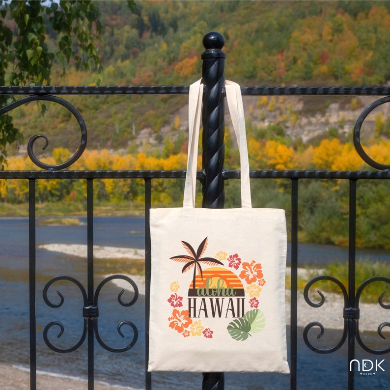 Hawaii Tote Bag, Vintage Aloha Canvas Bag, Retro Hawaii Travel Tote, Hawaii Wedding Gift, Palm Tree Tote, Hawaii Island Souvenir, Beach Tote image 3