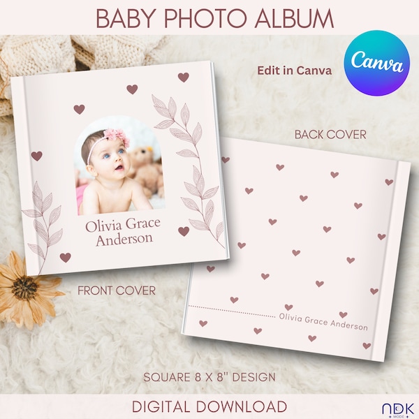 Baby fotoalbum sjabloon Canva, baby fotoboek sjabloon voor fotografen, baby meisje album sjablonen, aangepaste baby mijlpaal fotoalbum