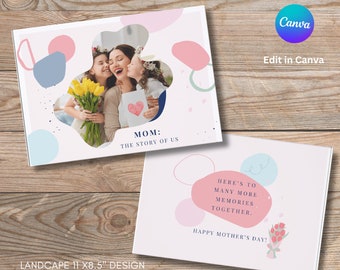 Modello di album fotografico Boho per la festa della mamma Canva, elegante album fotografico per fotografi, album fotografico personalizzato per madre e figlia, album di famiglia personalizzato