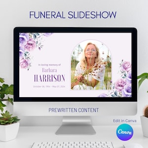 Floral Female Funeral Photo Slideshow Template Canva, Memorial Video, Minimalist Celebration of Life Presentation, Funeral Photo Tribute