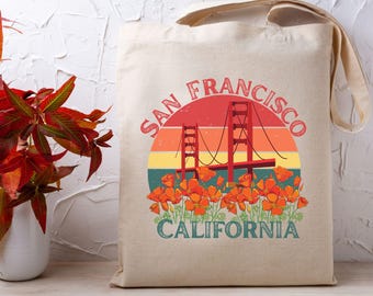 Wildflower San Francisco Graphic Tote Bag, Vintage California Canvas Bag, San Francisco Travel Tote, SF Lover Gift, Golden Gate Bridge Tote