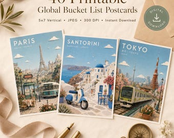 Global Bucket List Postcard Bundle, 40 Printable Travel Postcards, 5x7 JPEG Vacation Keepsakes, World Travel Wall Art Digital Download