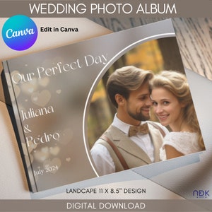 Plantilla de álbum de fotos de boda Canva, álbum de bodas personalizado en tonos pastel, recuerdo de boda en formato horizontal, libro de fotos de revista de cumpleaños digital
