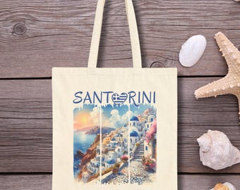 Santorini Greece Tote Bag, Greek Travel Gift, Mediterranean Vacation Souvenir, Destination Wedding Favor Tote Gift, Europe Birthday Bag