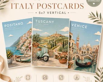 Italy Travel Postcard Bundle, 10 Printable Italian Postcards, 5x7 Vertical Travel Prints, Tuscany Positano Rome Venice Amalfi Digital Art