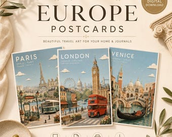 Europe Travel Postcard Bundle, 10 Printable European Postcards, 5x7 Digital Travel Prints, Honeymoon Destination Wall Art, Paris London Rome