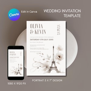 Paquete de plantillas personalizadas para invitaciones de boda bohemias parisinas, invitaciones para eventos especiales en Francia, invitaciones electrónicas DIY para bodas móviles en Europa