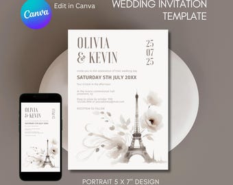 Boho Paris Wedding Invitation Personalized Template Bundle, France Special Event Invite, Europe Destination Mobile Wedding DIY E-vite