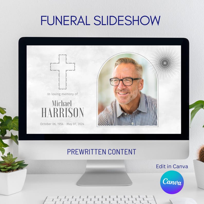 Computer Keyboard Funeral Male Funeral Photo Slideshow Template Canva, Memorial Video, Minimalist ...