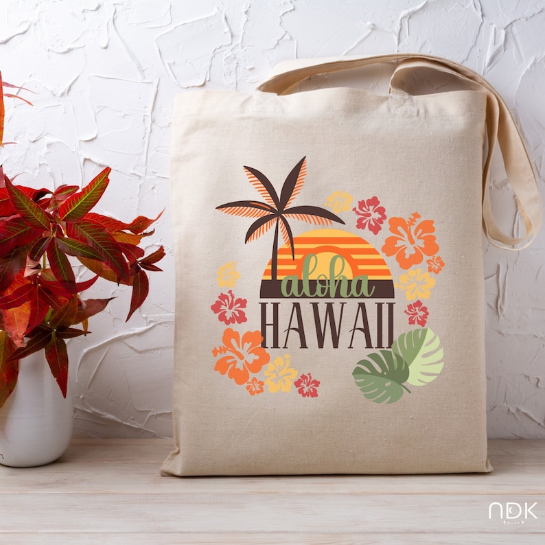 Hawaii Tote Bag, Vintage Aloha Canvas Bag, Retro Hawaii Travel Tote, Hawaii Wedding Gift, Palm Tree Tote, Hawaii Island Souvenir, Beach Tote image 1