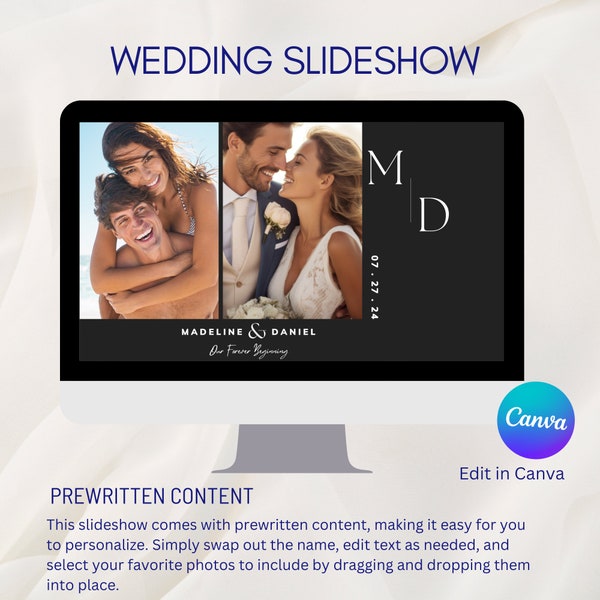 Wedding Slideshow Template Canva, Elegant Wedding Photo Slideshow Personalized, Custom Bride and Groom Slideshow Presentation Video