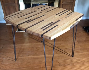 Oak & Walnut Cafe Kitchenette Nook Dining Table — 30x30 — Edge Grain Butcher Block — Reclaimed Wood — Steel Hairpin Legs