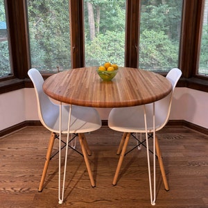 Oak Round Table — Edge Grain Butcher Block — 24", 30", 36" — Customizable — Cocktail, Cafe, Dining — Reclaimed Oak — Steel Hairpin Legs