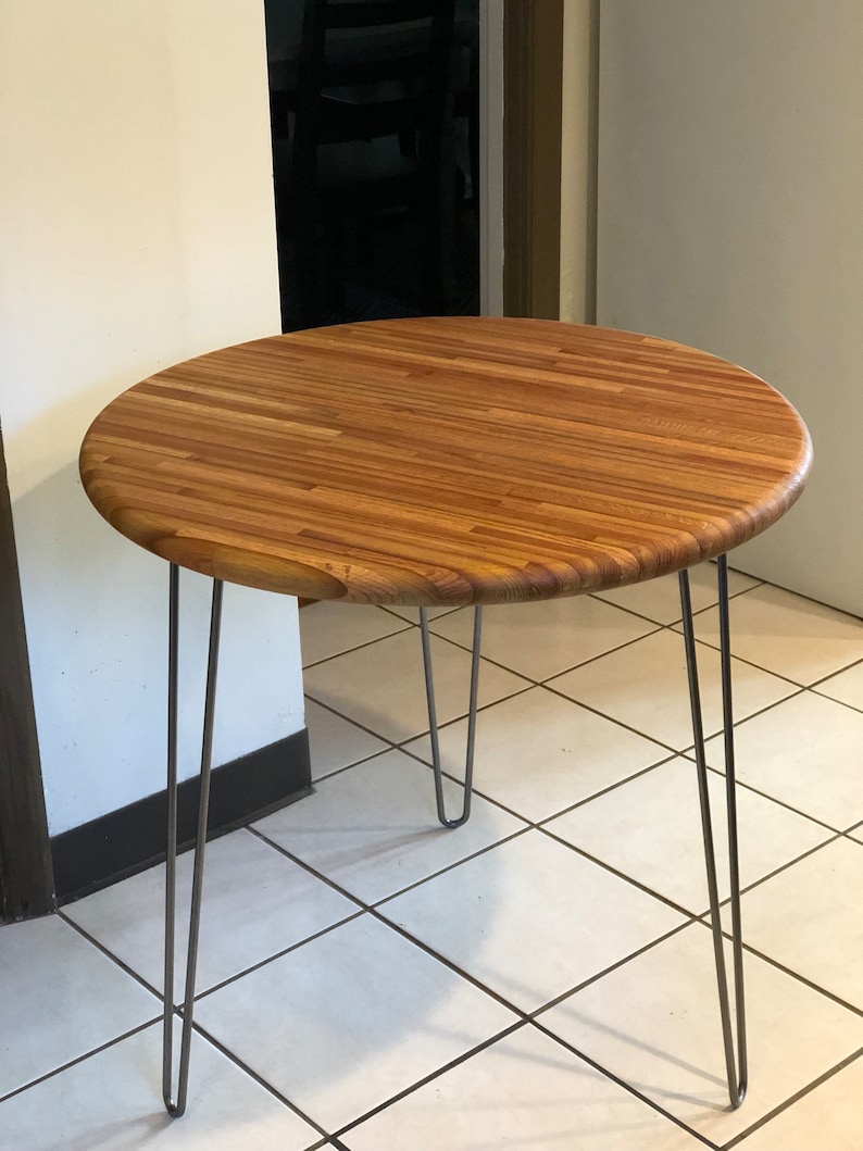 Round Cafe Dining Table Edge Grain Butcher Block Reclaimed Pine Wood