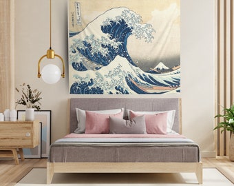 Japanese Wave Indoor Wall Art Tapestry - Hokusai "The Great Wave" - Great Gift for Her, College Kid, Bedroom Design, Home Decor Aesthetic