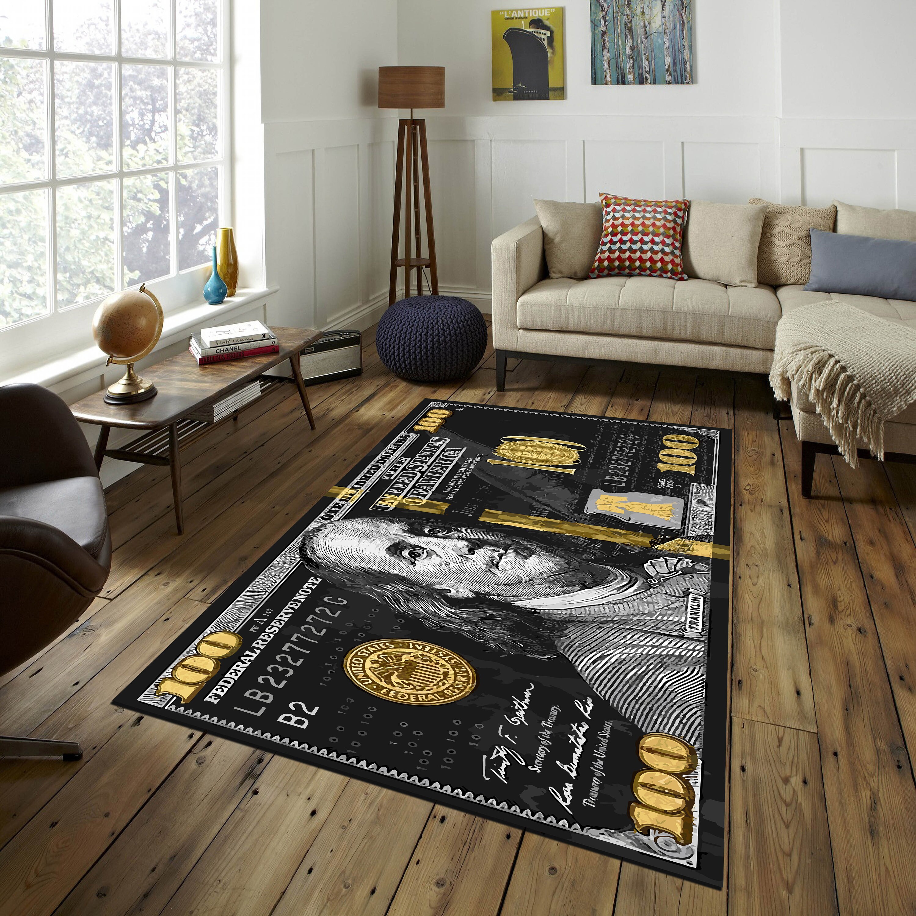 100 Dollar Bill Area Rug, Ben Franklin Old 100 Dollar Bill Dobby Rug ...