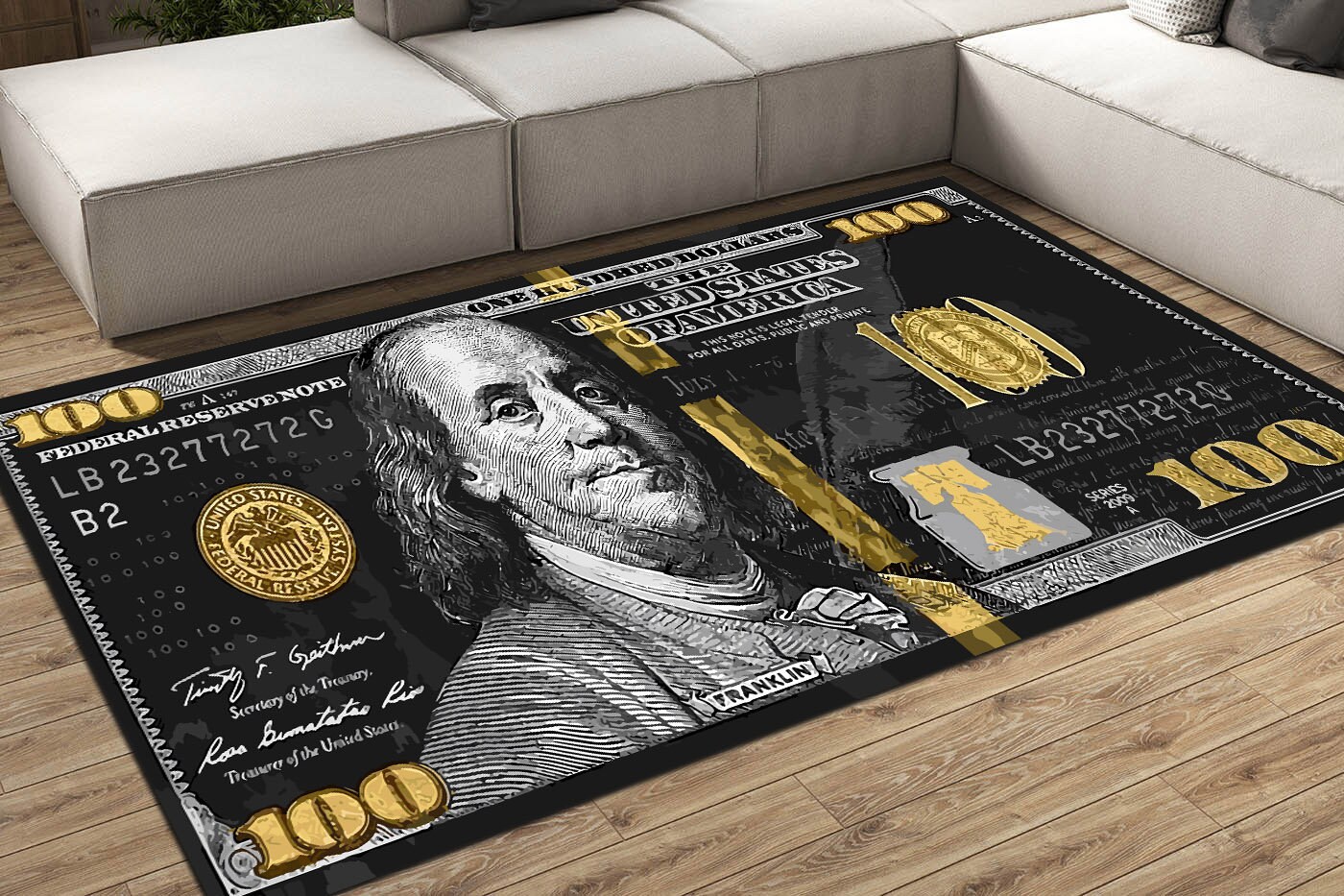 100 Dollar Bill Area Rug, Ben Franklin Old 100 Dollar Bill Dobby Rug ...