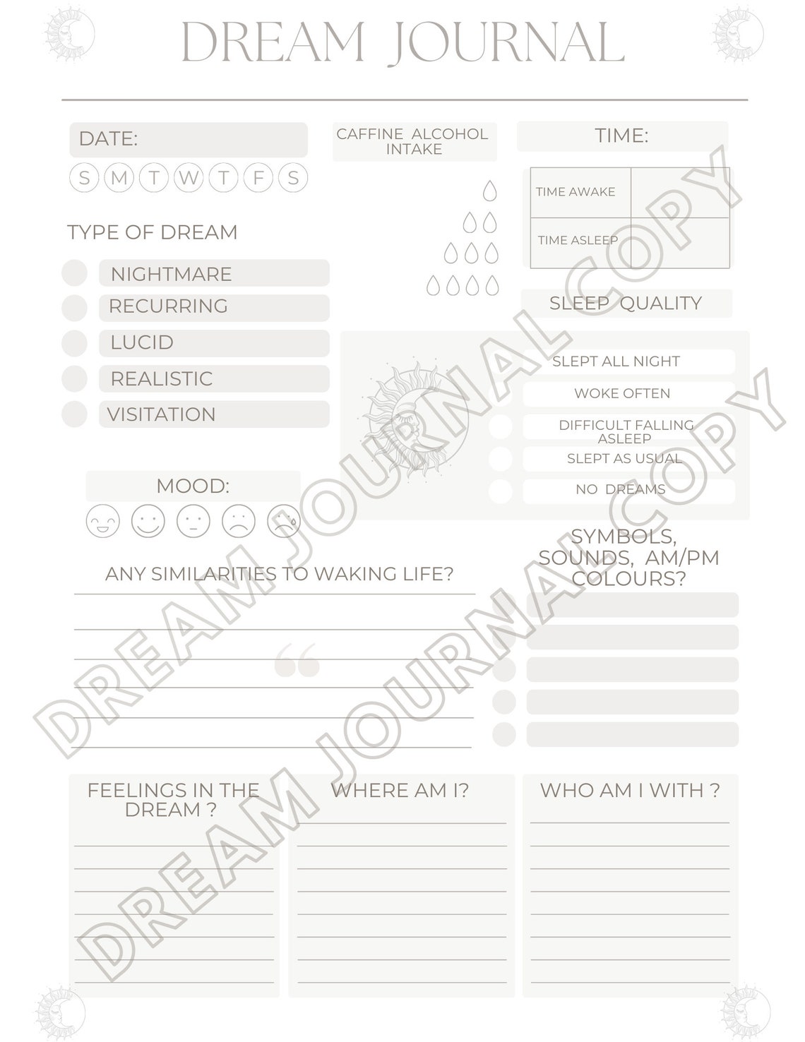 Dream Analysis Printable, Dream Tracker Printable, Dream Journal, Dream Diary, Dream