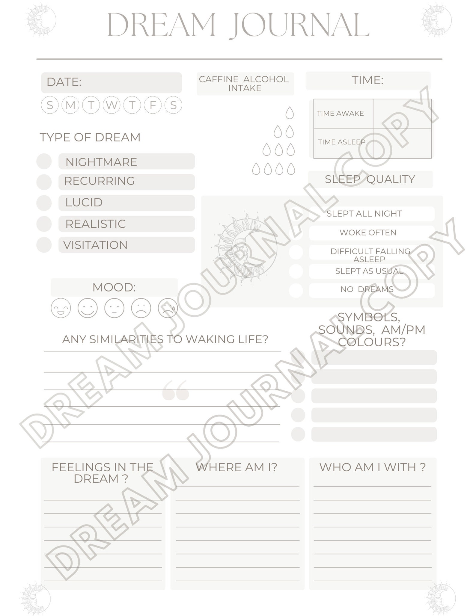 Dream Analysis Printable, Dream Tracker Printable, Dream Journal, Dream