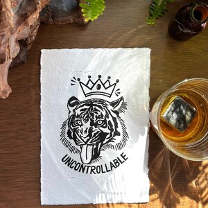 Uncontrollable Tiger Handmade Original Linocut Unique Print Cotton Paper, Handprinted Custom Linoleum Block Print