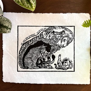 We&#39;re All The Same Handmade Original Linocut Unique Print Cotton Paper, Handprinted Linoleum Block Print Cats Lion Tiger Cheetah Puma Bobcat