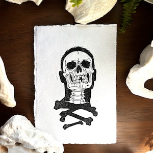 Skull Boy Exposed Handmade Original Linocut Print Cotton Paper, Handprinted Unique Custom Linoleum Block Print