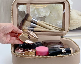 Clear Makeup Bag, Make up Organizer Waterproof Cosmetic Case, Multipurpose Travel Bag, Toiletry Bag for Women, Vegan Leather Pouch