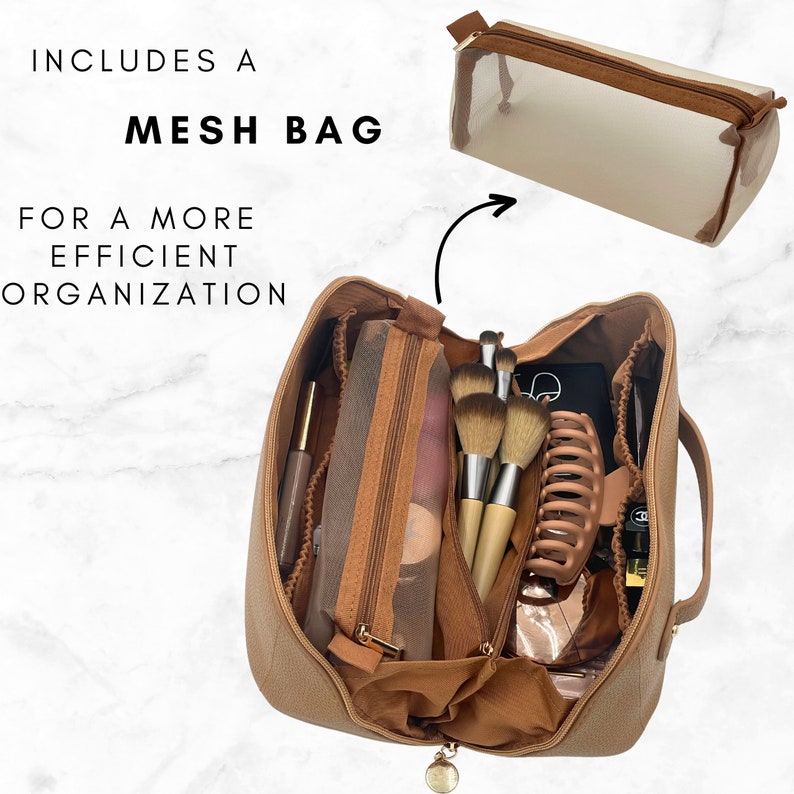 Large Capacity Travel Cosmetic Bag with MESH BAG, Travel Makeup Bag, Toiletry Bag, Vegan Leather, Bridal Shower Gift, Cosmetic Case Brown