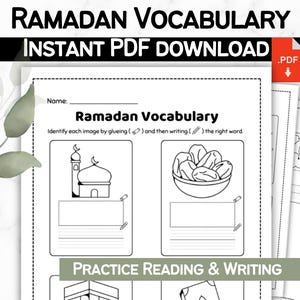 Może przedstawiać: Czarno-biała, drukowana karta pracy z zakresu słownictwa ramadanu z obrazkami meczetu, daktyli i Kaaby. Karta pracy instruuje uczniów, aby zidentyfikowali każdy obrazek poprzez przyklejenie i napisanie odpowiedniego słowa. Karta pracy zawiera również tekst "Ćwiczenie czytania i pisania".