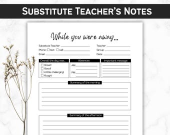 Substitute Teacher Notes, Classroom Management Feedback Form (Printable PDF)