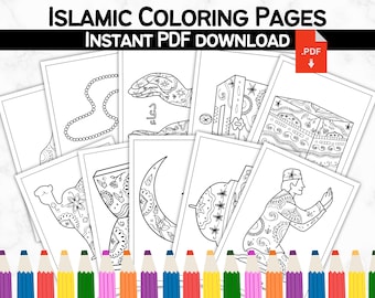 Printable islamic coloring pages, Ramadan or Eid mandala style islamic drawing pages to color, arabic vocabulary PDF coloring pages for kids