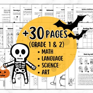 Afdrukbare Halloween-activiteitenbundel, Engels, Wetenschap, Wiskunde, Patronen en Logica, leuke afdrukbare pdf Halloween-werkbladen voor kinderen van groep 1 en 2