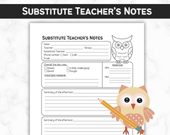 Substitute Teacher Notes Printable, Classroom Report (PDF)