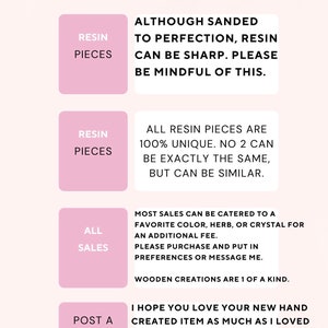 May include: A pink and white graphic with the text "PURCHASES PLEASE READ" at the top. The graphic provides information about resin pieces and sales. It also encourages customers to post a picture of their new piece.