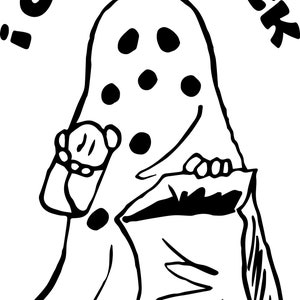 May include: A black and white illustration of a ghost holding a bag with the text "I got a rock" above it.