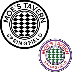 May include: Two black and white circular logos with the text "Moe's Tavern Springfield" in a white circle with a black checkered pattern in the center. The second logo has a green and white checkered pattern.