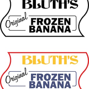 Puede incluir: Logotipo en blanco y negro con el texto "Bluth's Original Frozen Banana" en una forma de banner curvo.