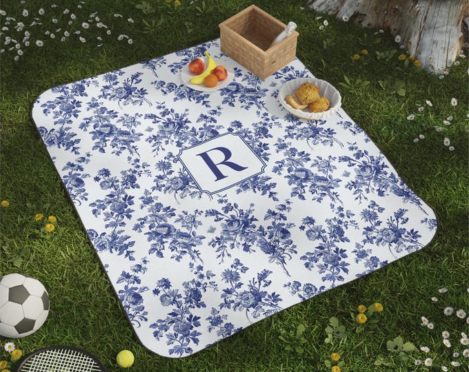 Picnic Blanket, Personalizable Beach Blanket, Blue Toile De Jouy Picnic Blanket, Camping Gift, Waterproof Picnic Blanket, Custom Blanket