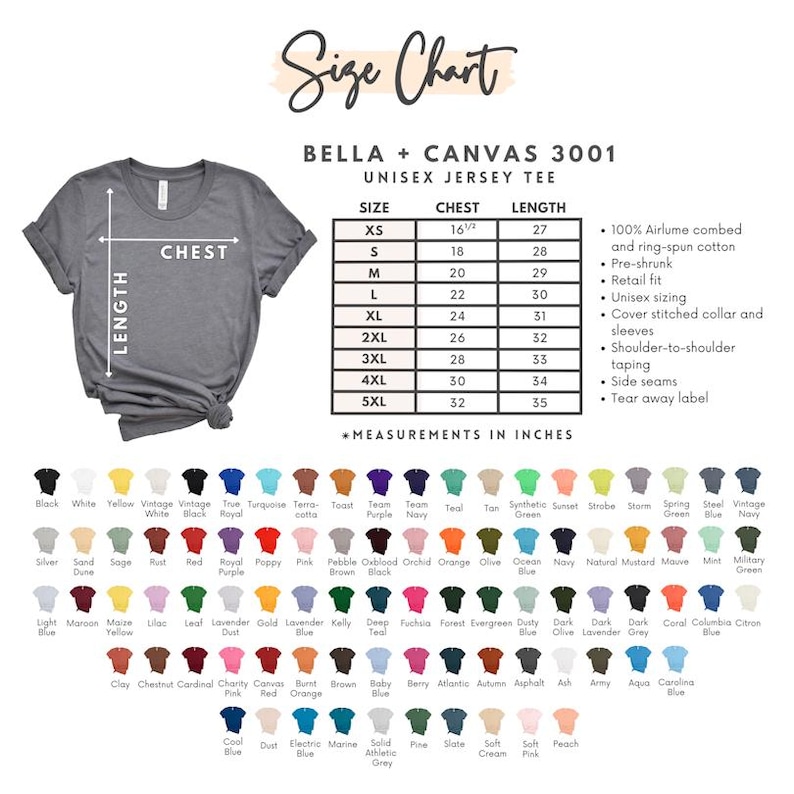 K&ouml;nnte beinhalten: Gr&ouml;&szlig;entabelle f&uuml;r das Bella + Canvas 3001 Unisex-Jersey-T-Shirt. Die Tabelle zeigt Brust- und L&auml;ngenma&szlig;e in Zoll f&uuml;r die Gr&ouml;&szlig;en XS bis 5XL. Die Tabelle enth&auml;lt auch Details zum Stoff und zur Konstruktion des T-Shirts.