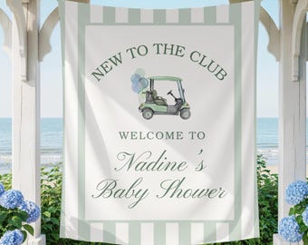 Ny i klubben Golfbabyshowerbanderoll, golftema babyshowerdekor, golffestfotobakgrund