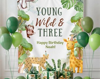 Young Wild and Three verjaardagsbanner, jongen 3e verjaardagsdecoratie, safari meisjesverjaardagsbanner, junglefeestdecoraties