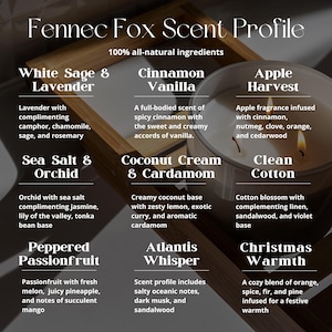 May include: A graphic showing 10 different candle scents with names and descriptions. The scents are White Sage & Lavender, Cinnamon Vanilla, Apple Harvest, Sea Salt & Orchid, Coconut Cream & Cardamom, Clean Cotton, Peppered Passionfruit, Atlantis Whisper, Christmas Warmth. The graphic is on a wooden background.