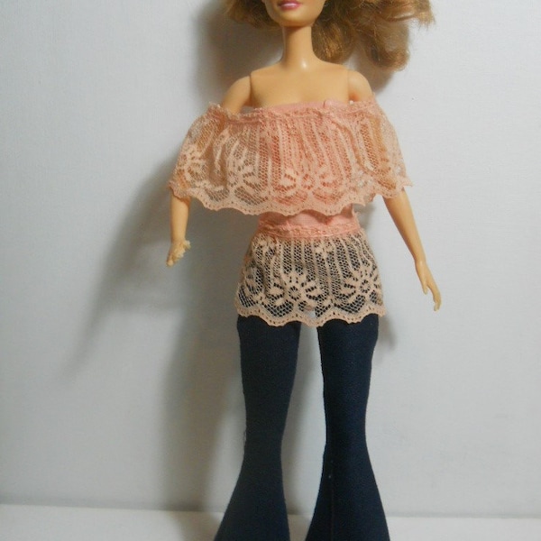 Fashion Doll Tall Clothes Peach Lace Off-Shoulder Ruffled Tunic Top Doll Cottagecore