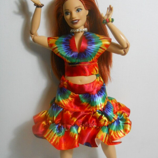 2 Pc Set Crop Top and Skirt 11.5" Fashion Doll Curvy barbie Clothing Scurvy Darbi Tie Dye Print Boho Hippie