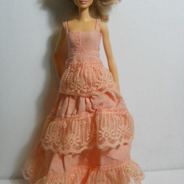 11.5" Fashion Doll Tall Clothes Peach Lace Ball Gown Prairie Cottagecore