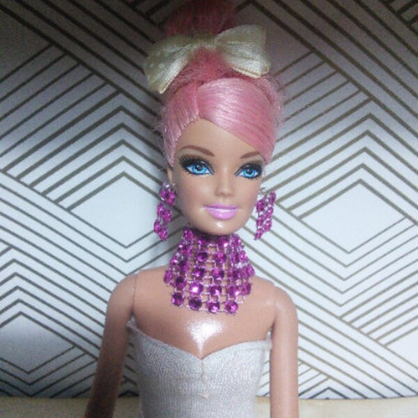 Handmade 11.5" Fashion Doll Studded Hot Pink Necklace and Earrings Set Glam Formal Maximalist