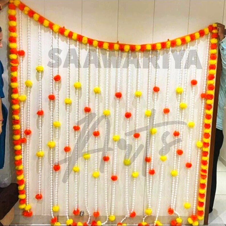 Pooja Backdrop Marigold Flower, Yellow Backdrop Decoration for Pooja