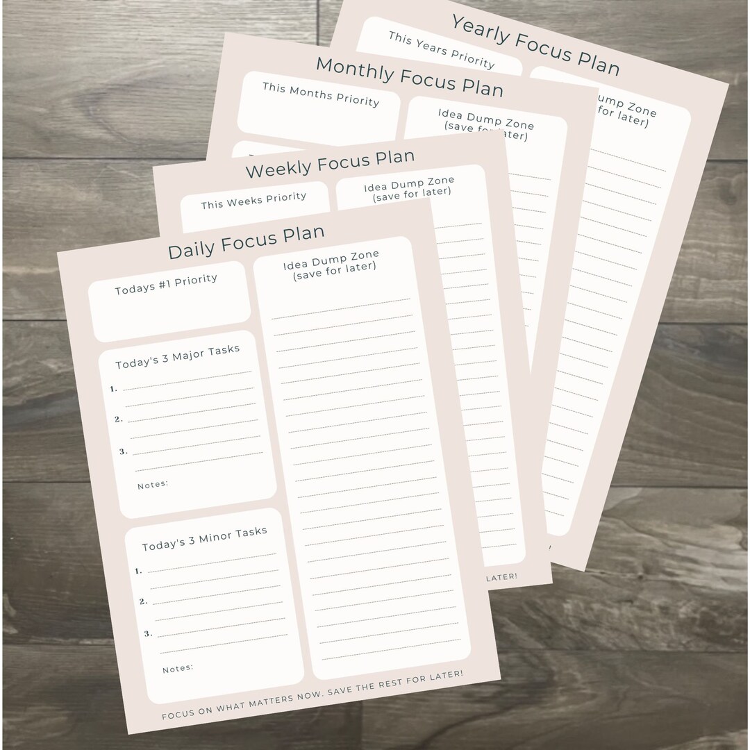 Download Planner, 4 Page Focus Plan, Instant Print, Daily, Weekly, Monthly and Yearly Planner ...