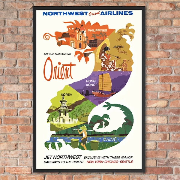 Northwest Orient Airlines vintage travel poster. Gateway to the Orient, JPG Digital 300 dpi File, Wall Art, Digital Download